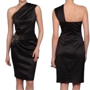 ELIZA J Black Satin One Shoulder Beaded Cocktail Dress Sz 8 Party Formal
